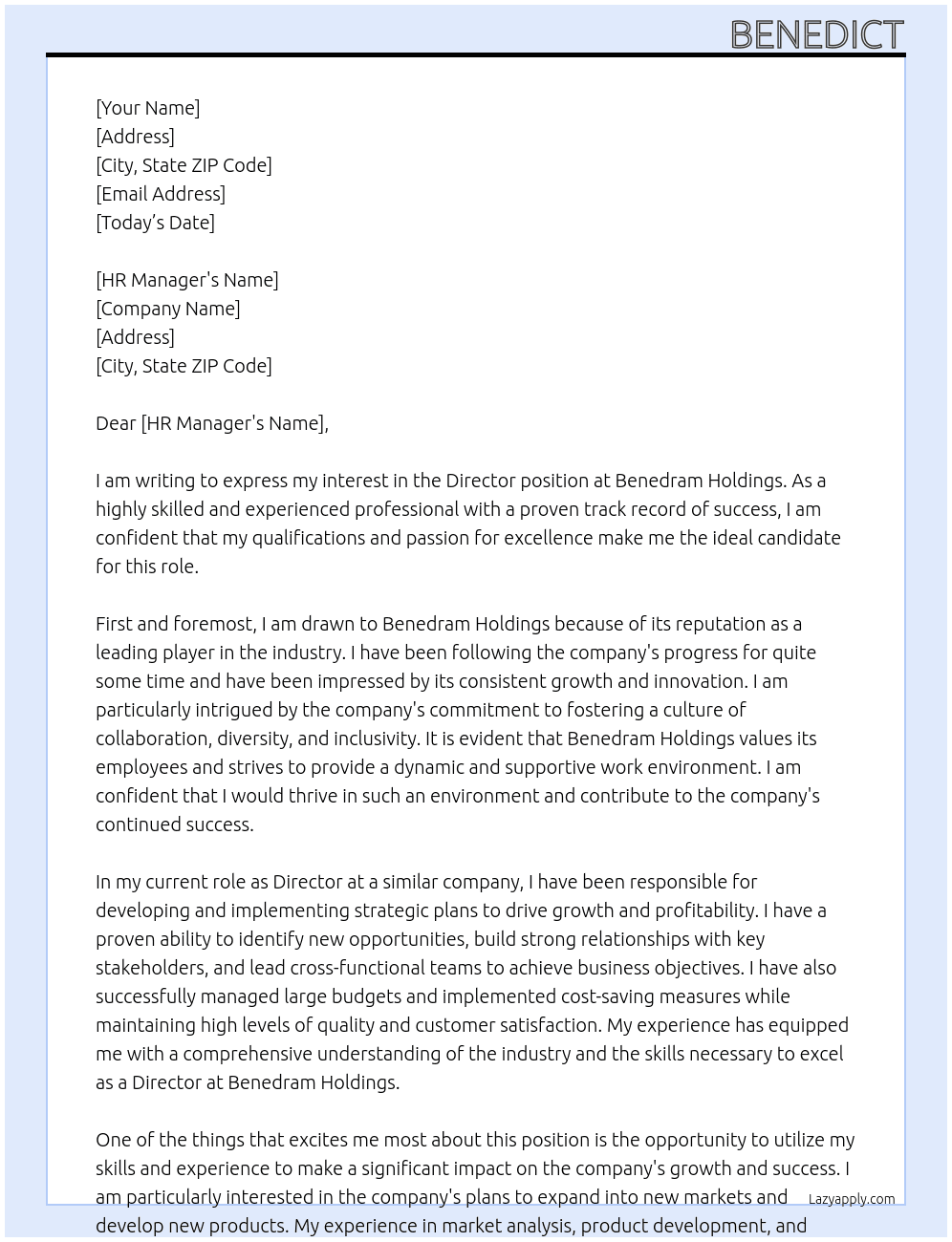 Director At Benedram Holdings Cover Letter