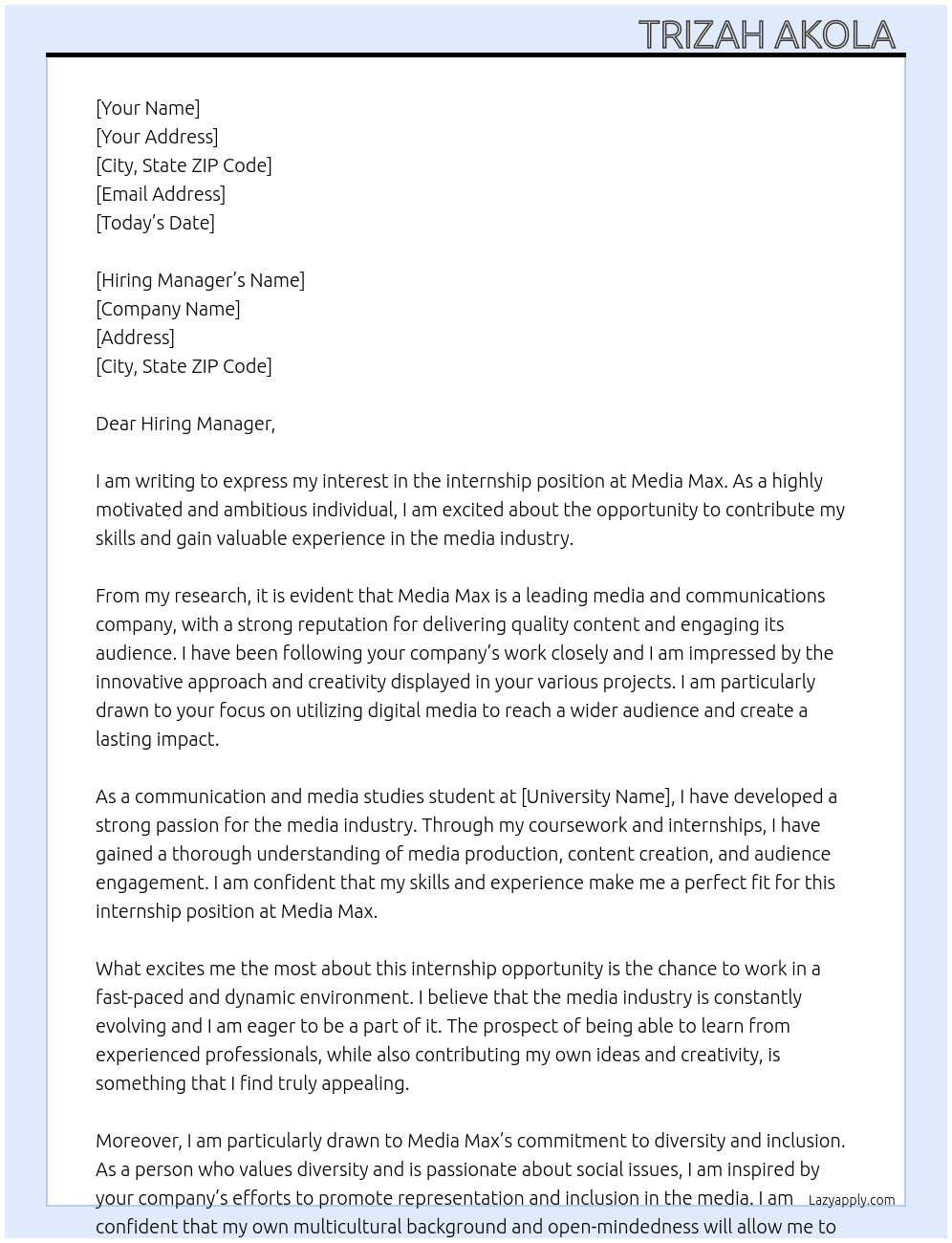 Internship  At Media Max Cover Letter