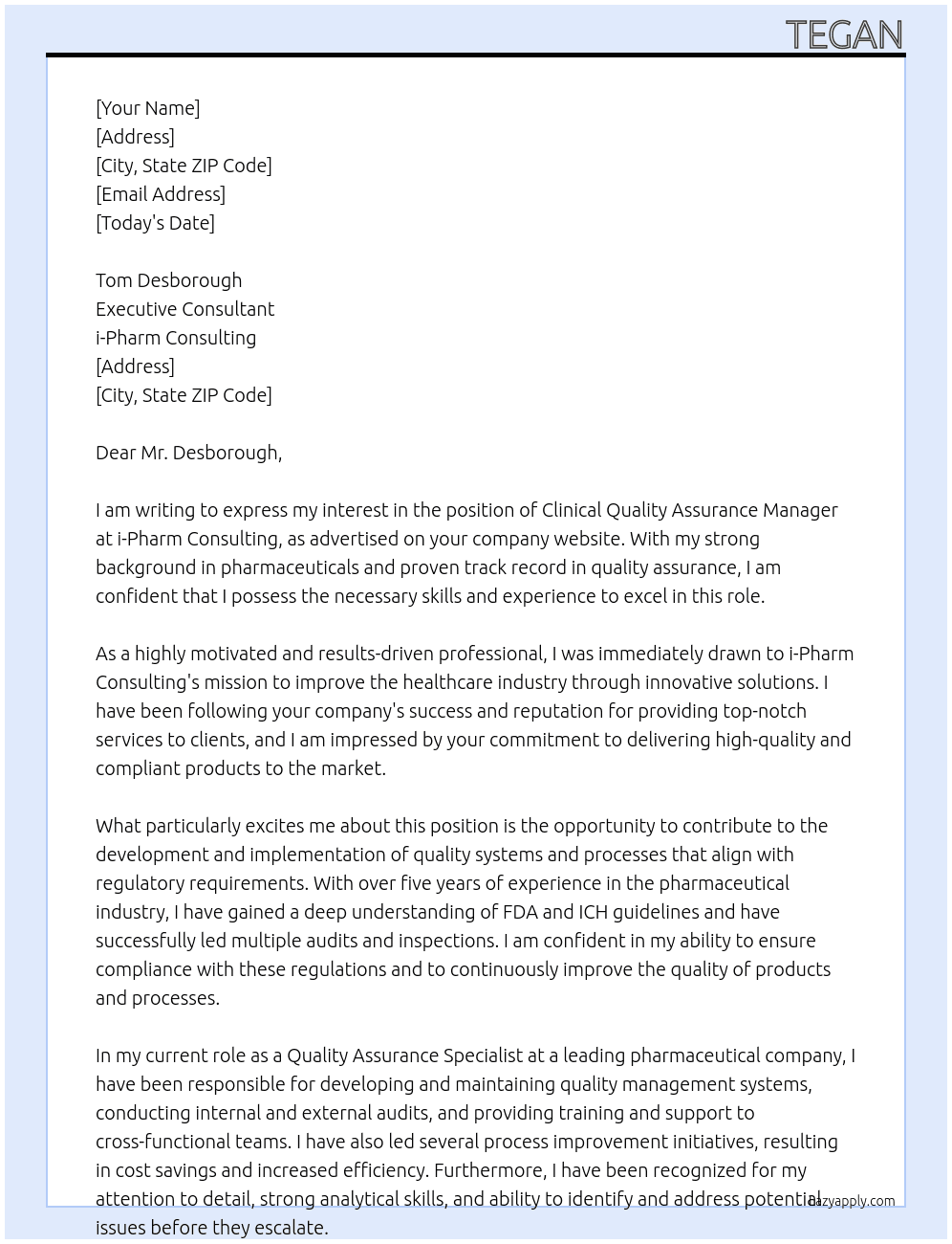 Clinical Quality Assurance Manager At i-Pharm Consulting Cover Letter