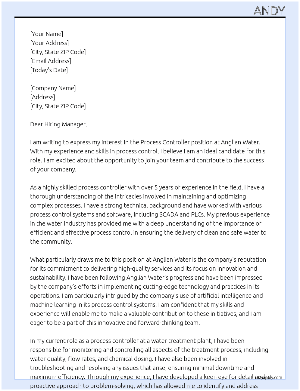 process controller At anglian water Cover Letter