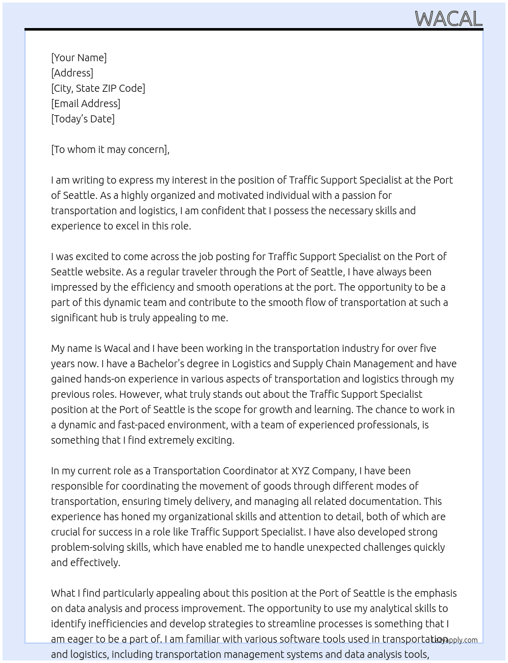 Traffic Support Specialist At Port of Seattle Cover Letter
