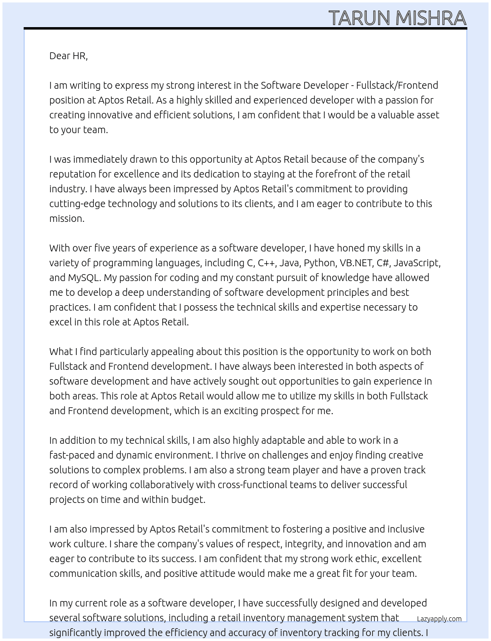 Software Developer - Fullstack/Frontend At Aptos Retail Cover Letter