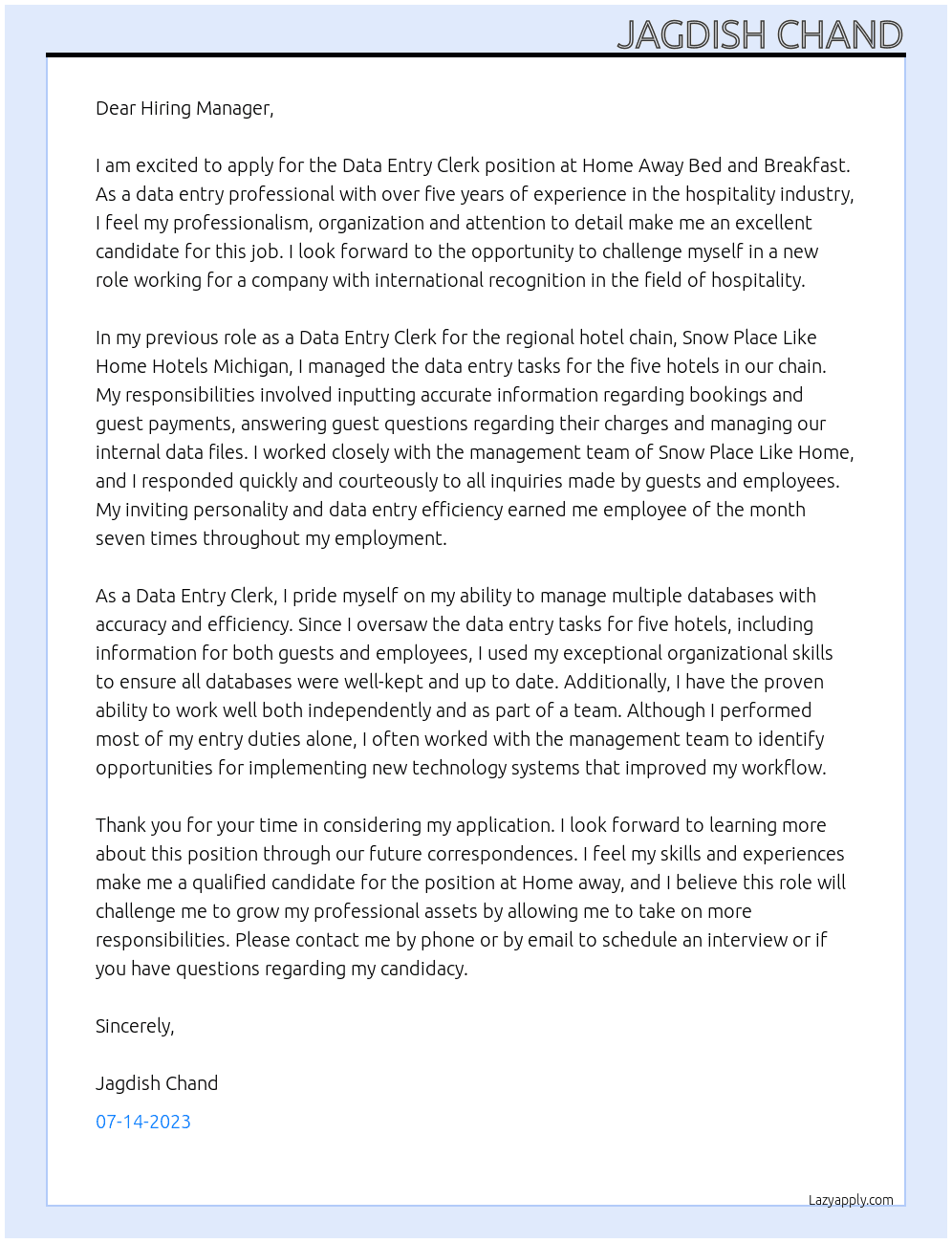 data entry At Finance and Accounting Cover Letter