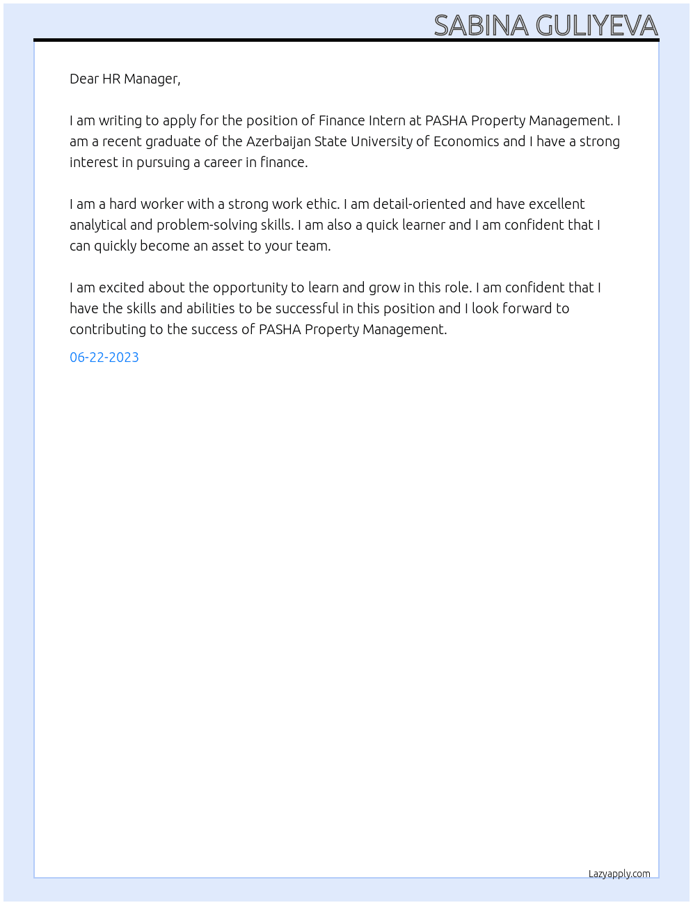 Finance Intern At PASHA Property Management  Cover Letter