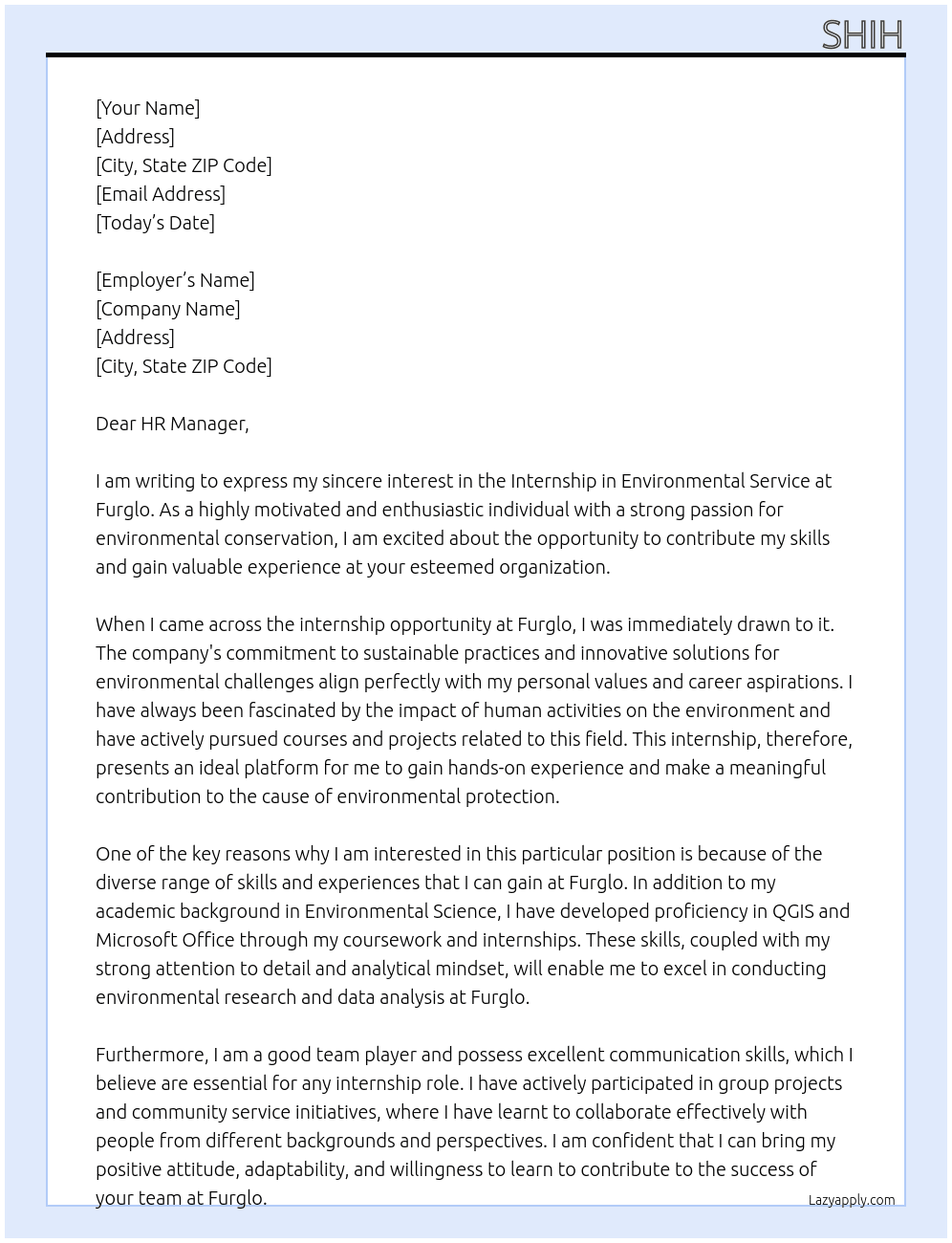 Internship in Environmental Service At Furglo Cover Letter