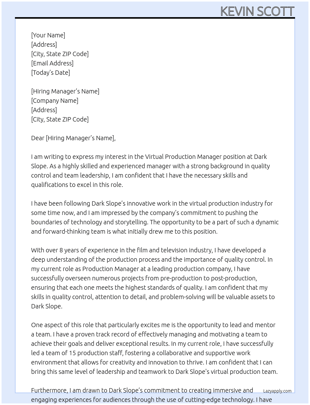 virtual production manager At dark slope Cover Letter