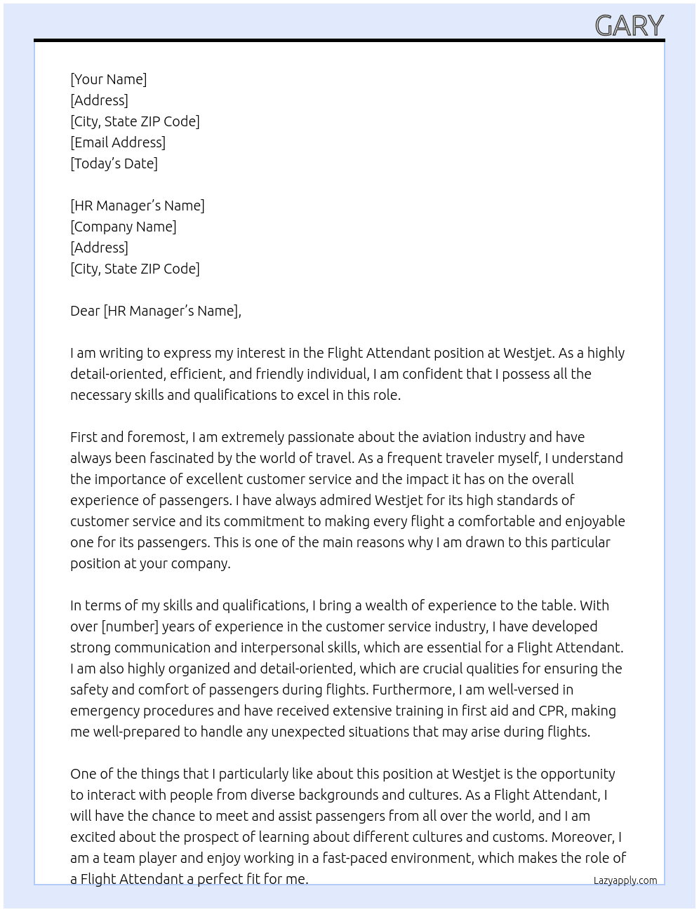 Flight attendant  At Westjet Cover Letter