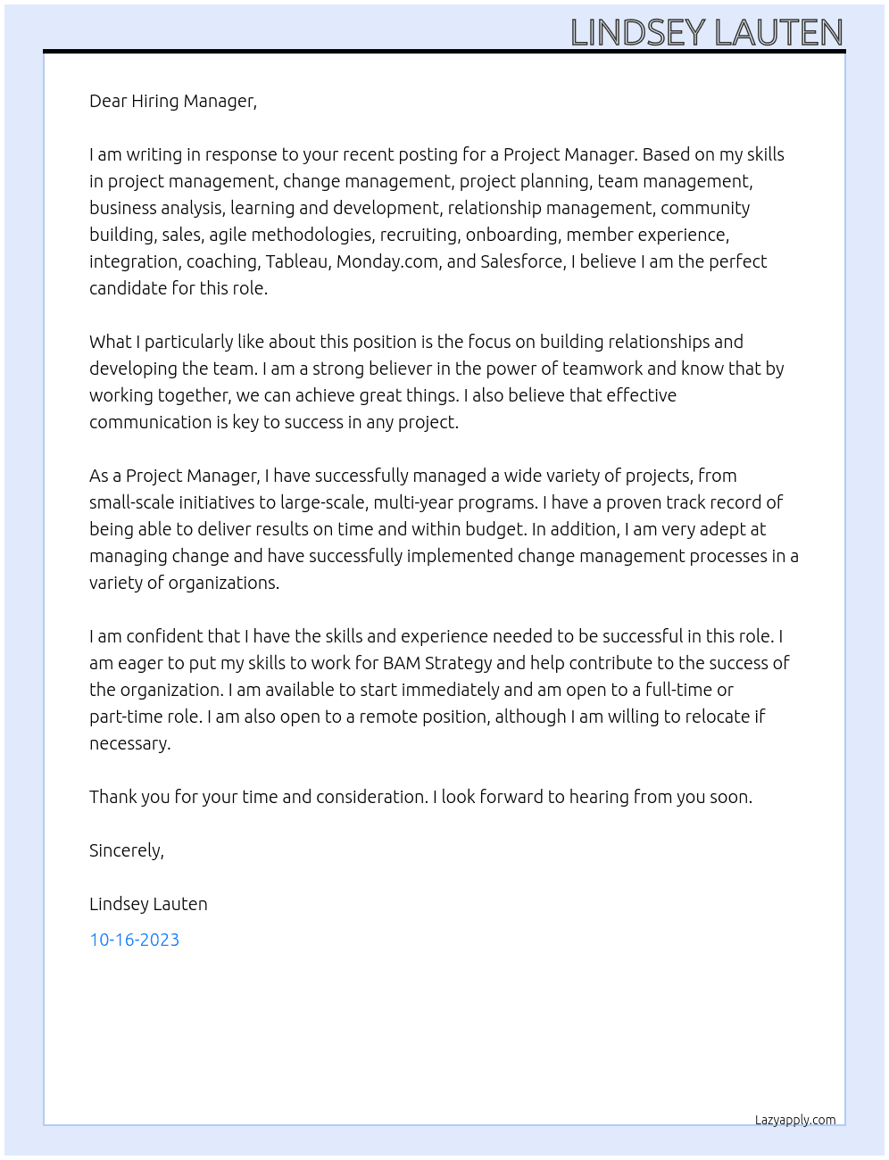 Project Manager At BAM Strategy Cover Letter