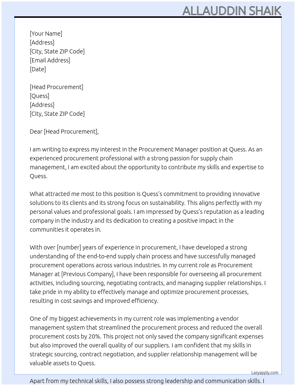 Procurement Manager At Quess Cover Letter