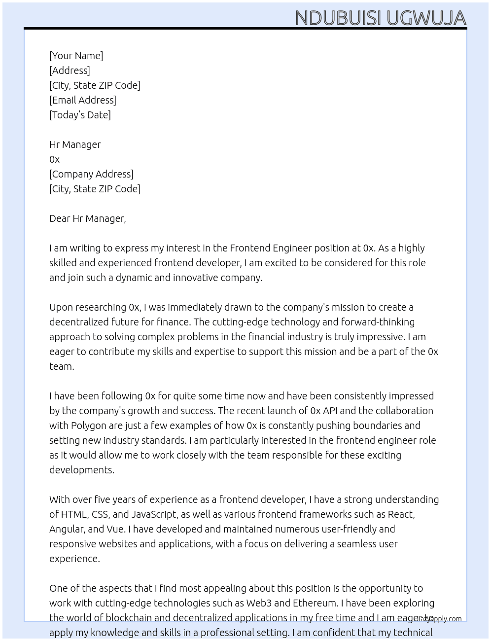 Frontend Engineer At 0x Cover Letter