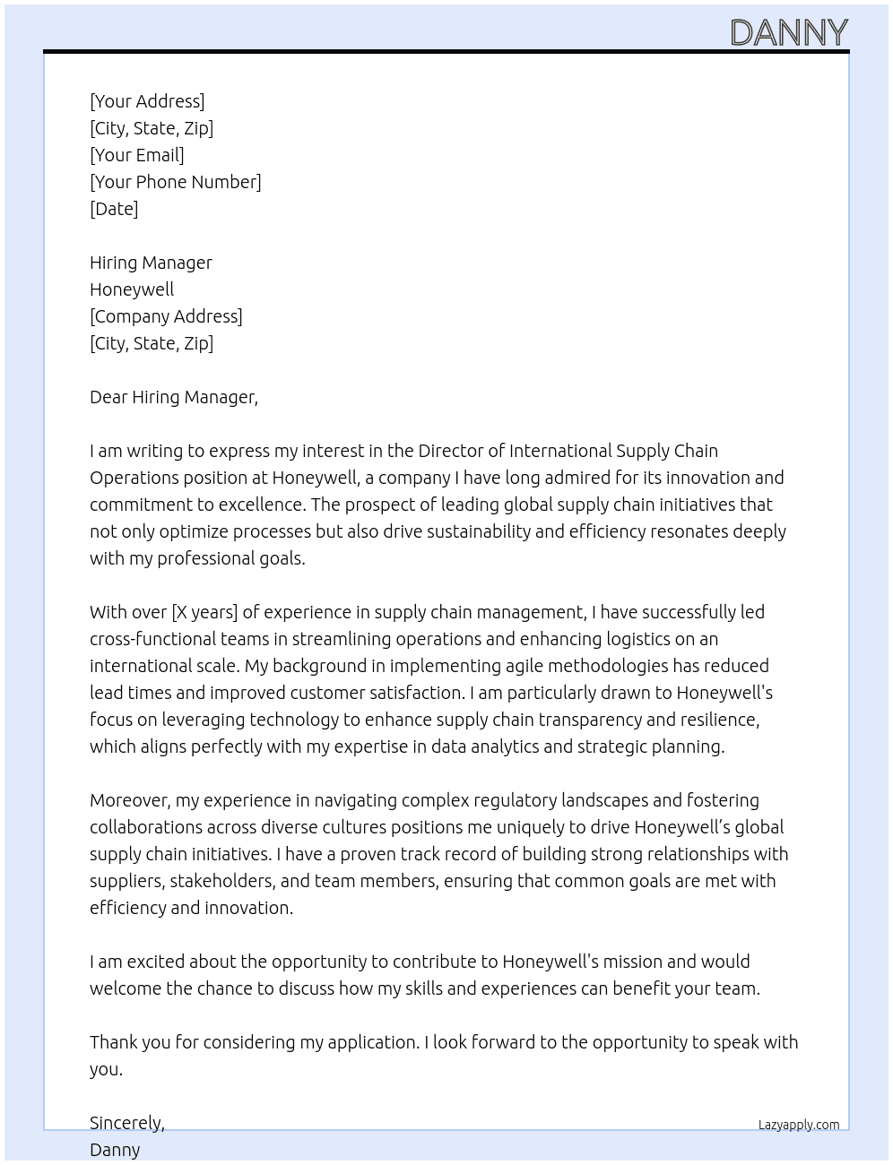 Director International Supply Chain Operations At Honeywell Cover Letter