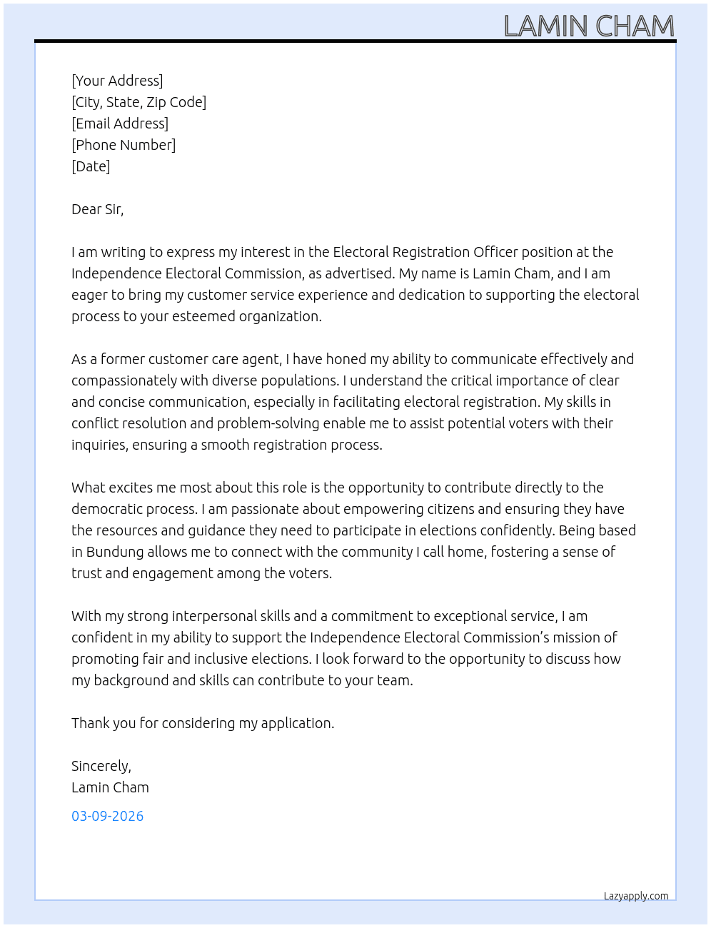 electoral registration officer At independence electoral commission  Cover Letter