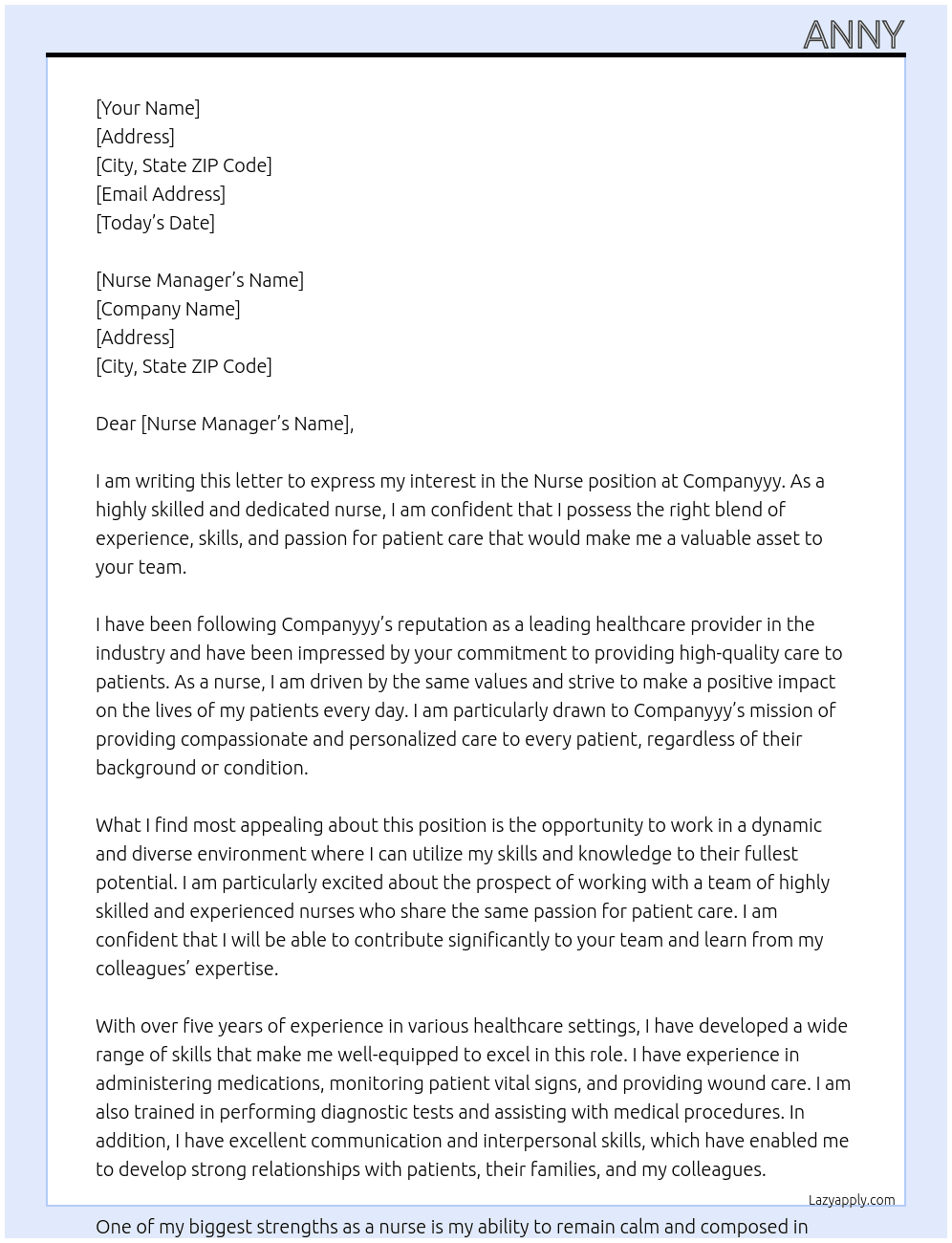 Nurse At Companyyy Cover Letter