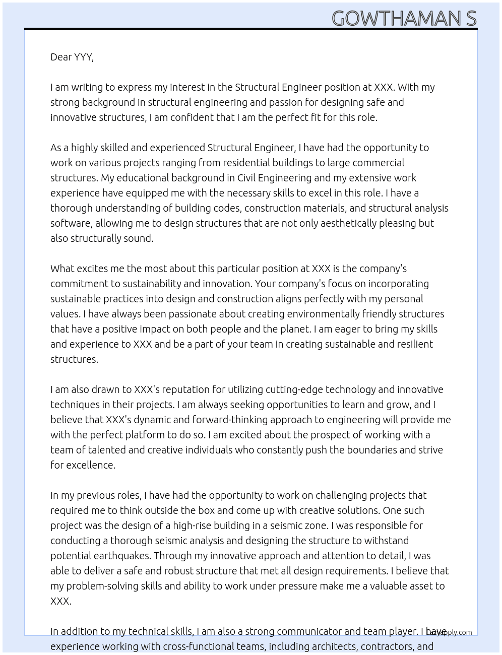 Structural Engineer At XXX Cover Letter