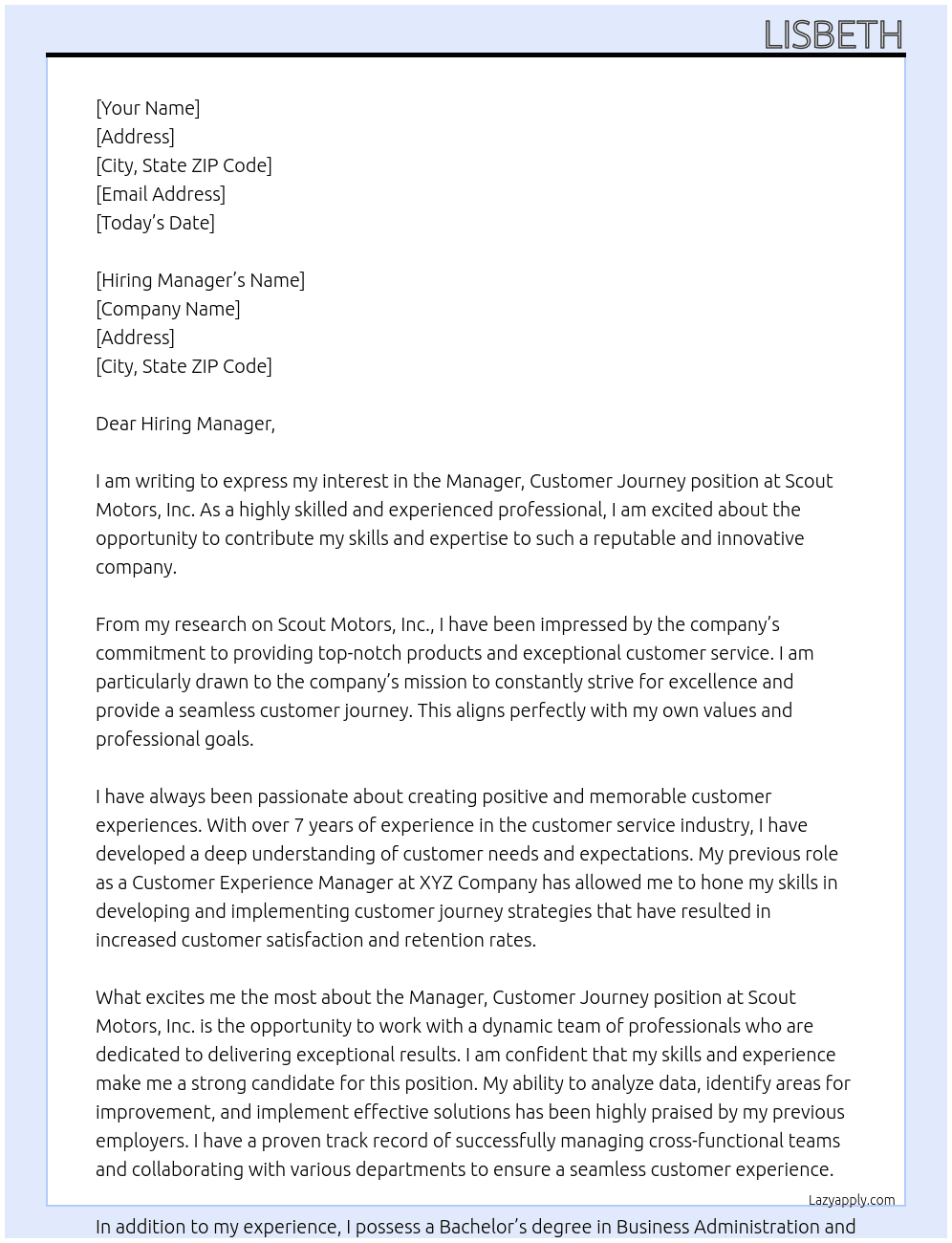 Manager, Customer Journey At Scout Motors, Inc. Cover Letter