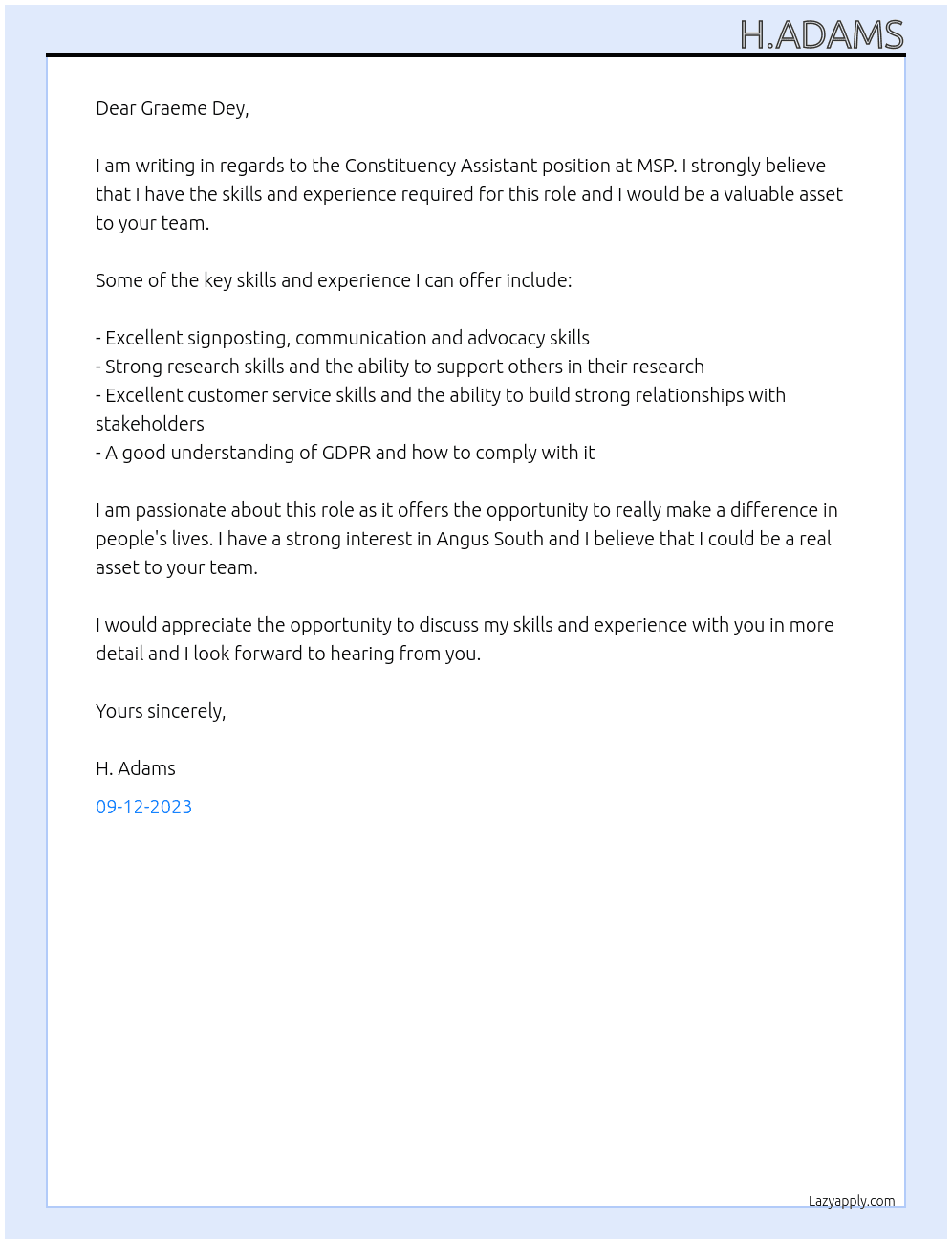 Constituency Assistant At MSP Cover Letter