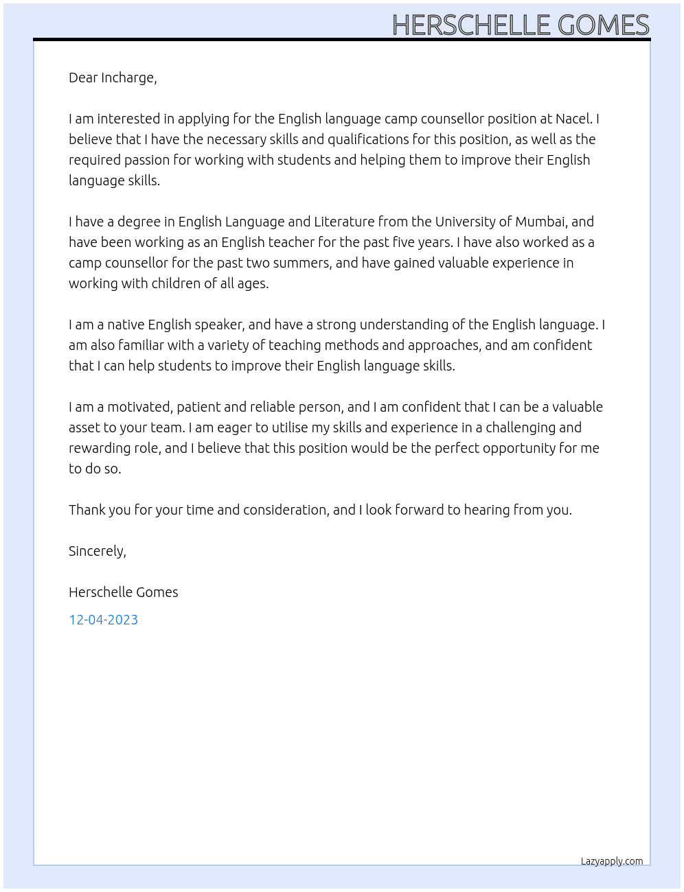 English language camp counsellor At Nacel Cover Letter