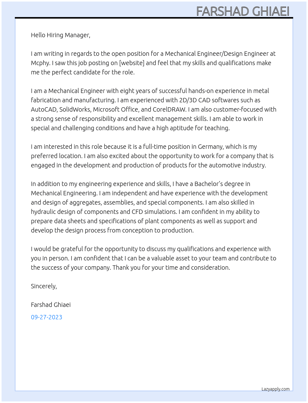 Mechanical Engineer/ Design Engineer At Mcphy Cover Letter