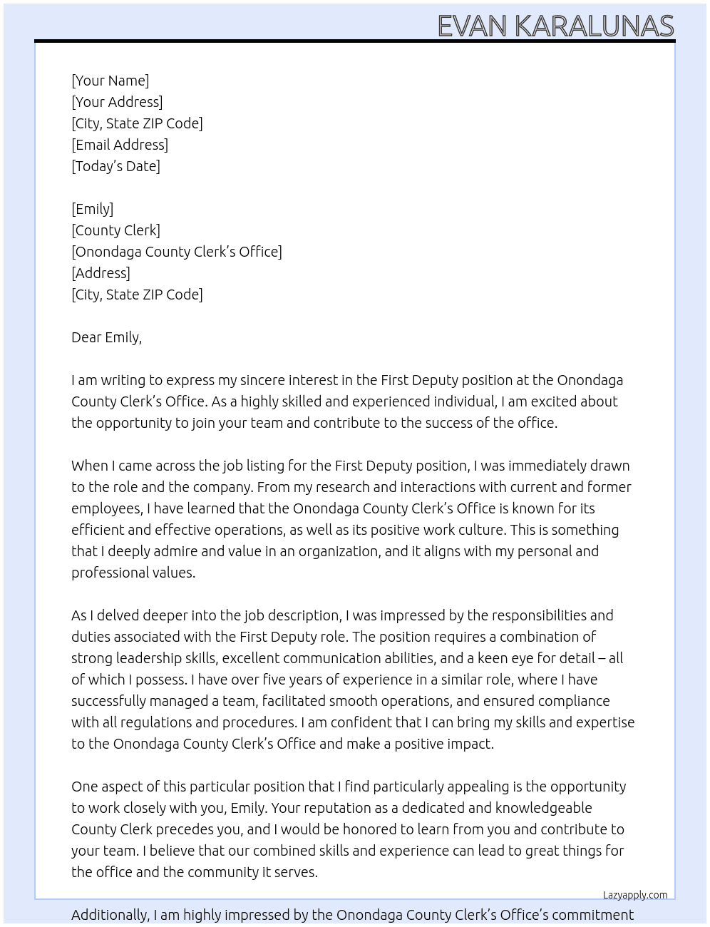 First Deputy At Onondaga County Clerk’s Office Cover Letter