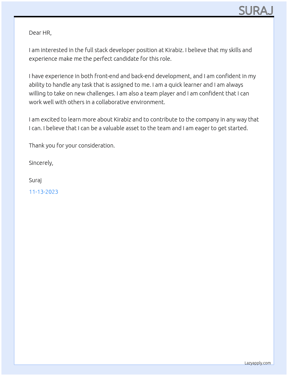 full stack developer At Kirabiz Cover Letter