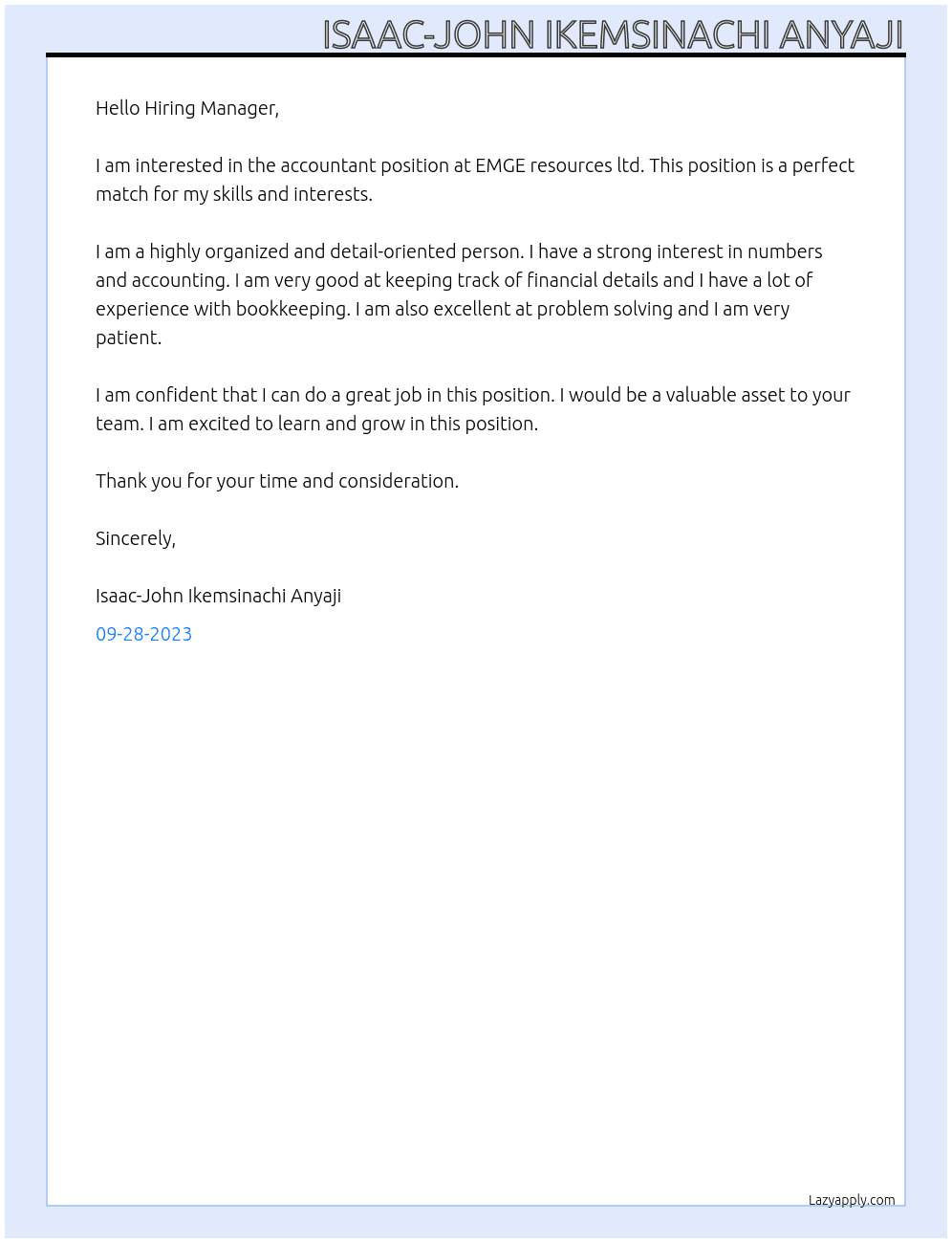 Accountant At EMGE resources ltd Cover Letter