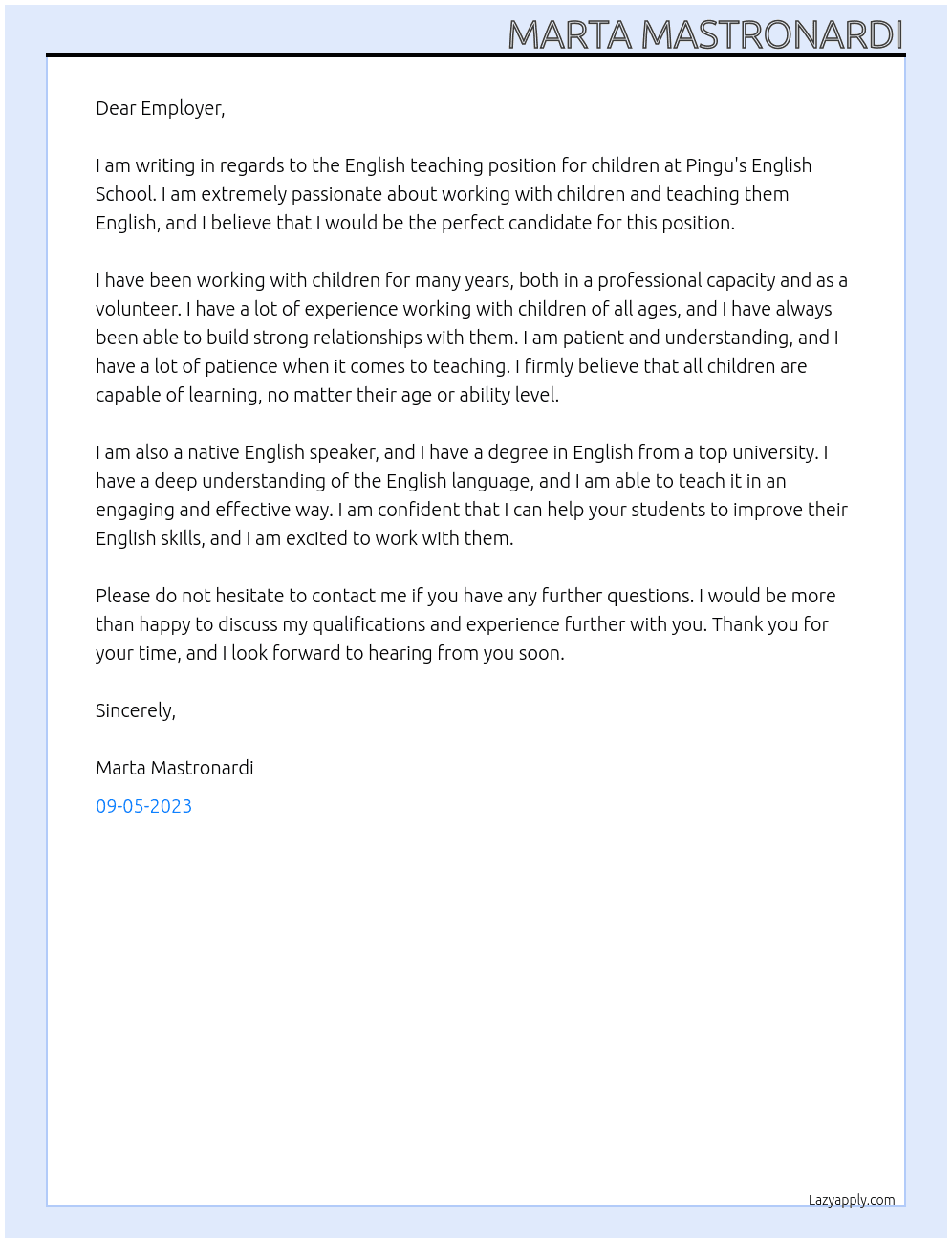 English teacher for children At Pingu's English School Cover Letter