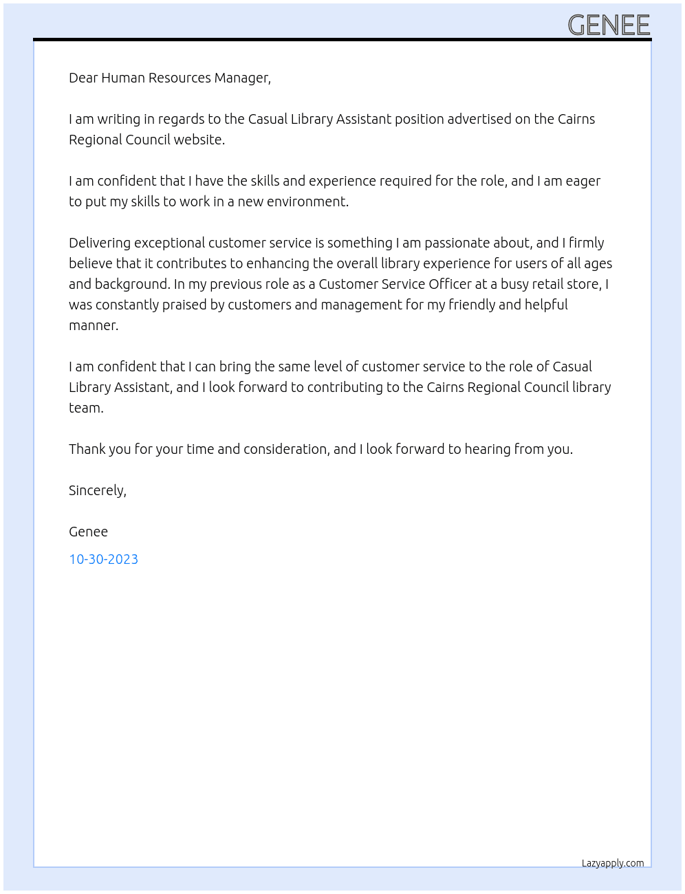 Casual Library Assistant At Cairns Regional Councuil Cover Letter