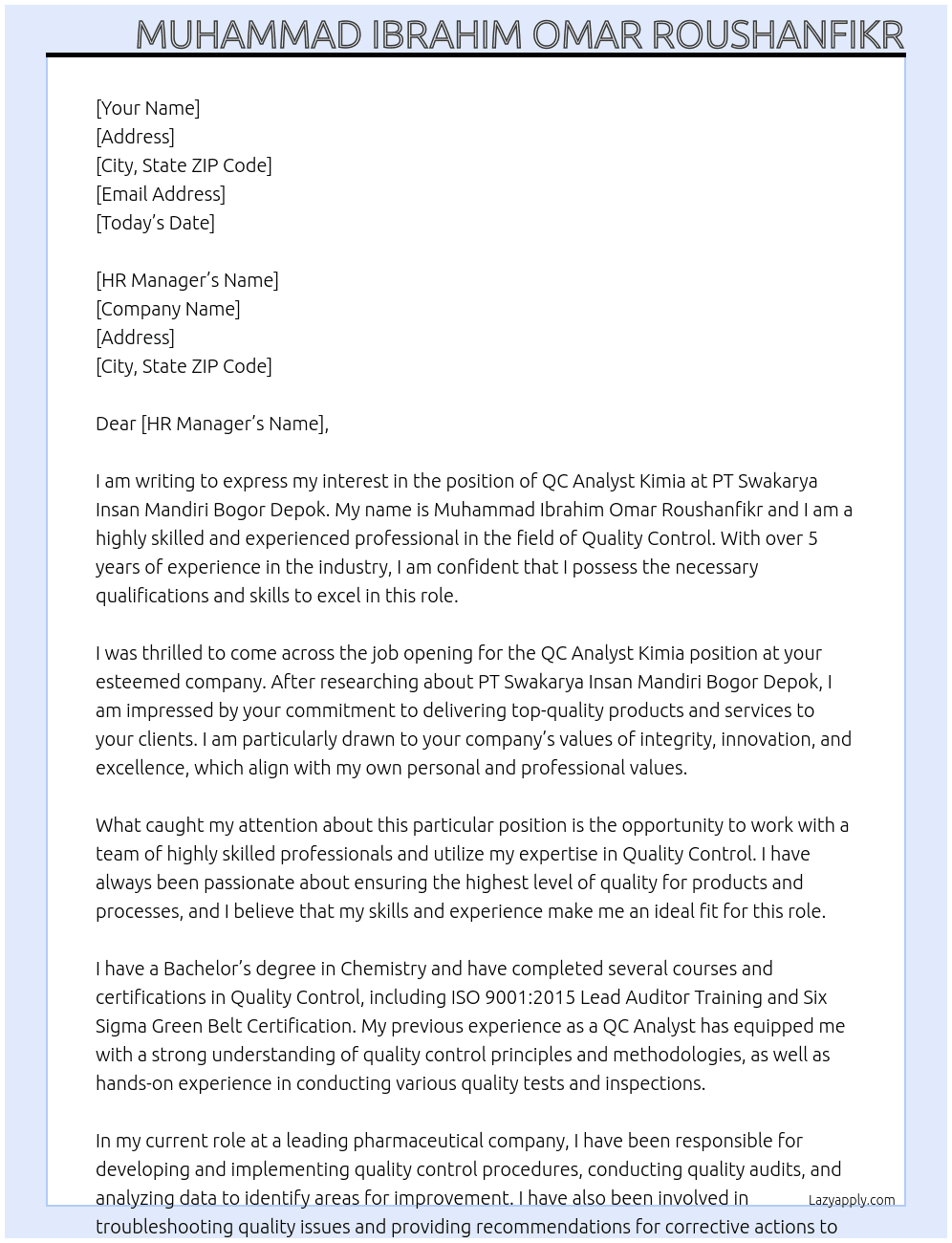 QC ANALYST KIMIA At PT SWAKARYA INSAN MANDIRI BOGOR DEPOK Cover Letter
