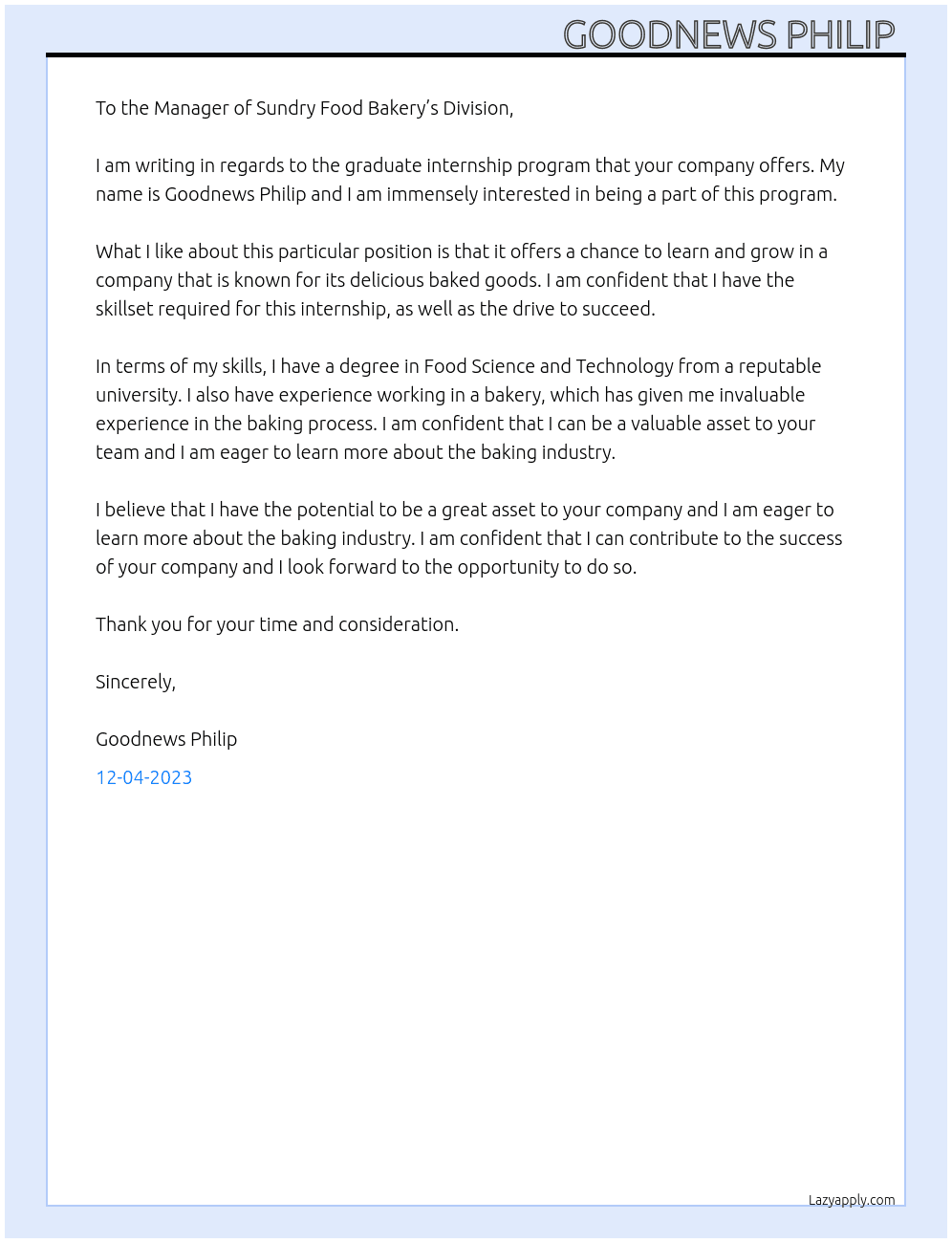 Graduate internship program  At Sundry Food Bakery’s Division  Cover Letter