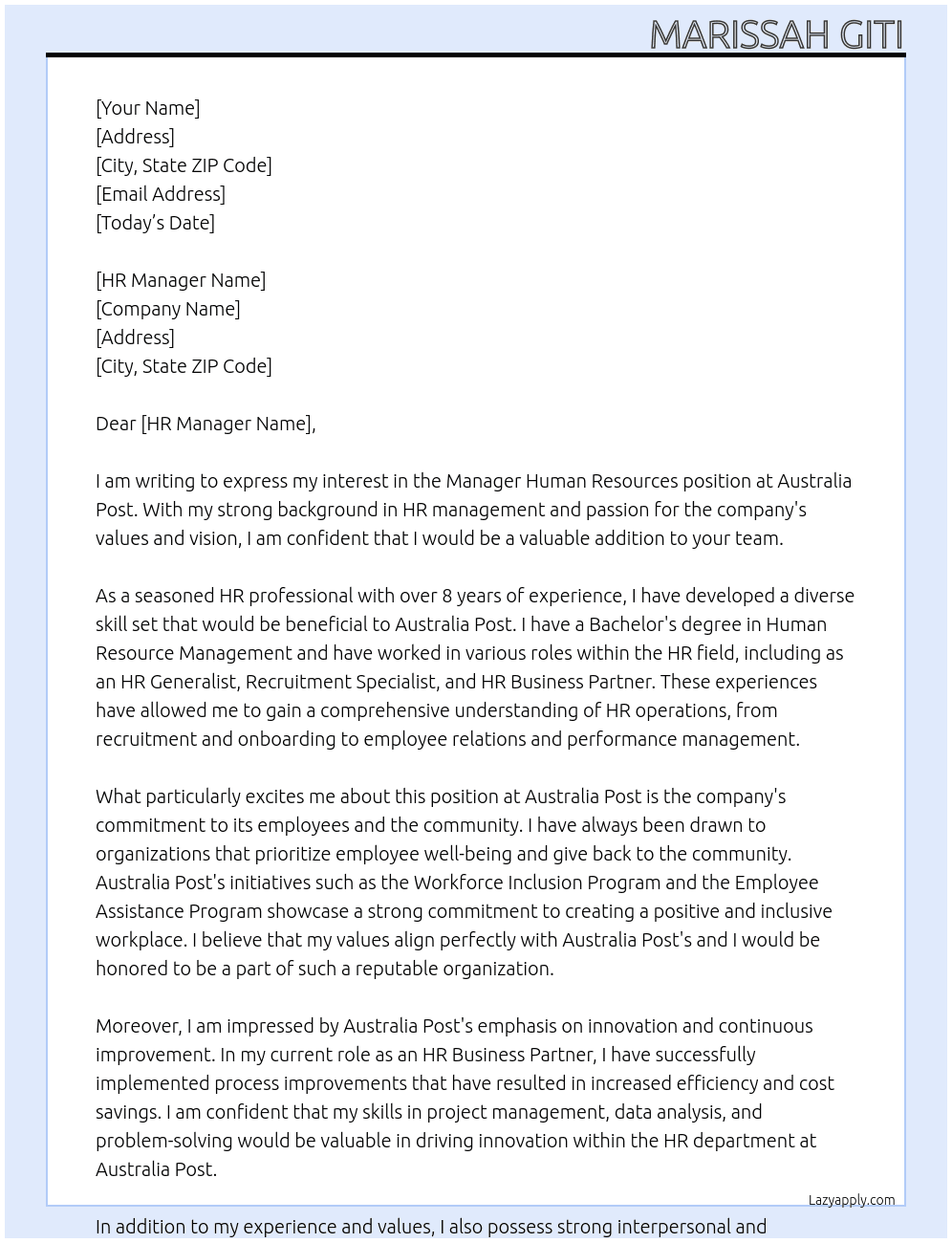 Manager Human Resources At Australia Post Cover Letter