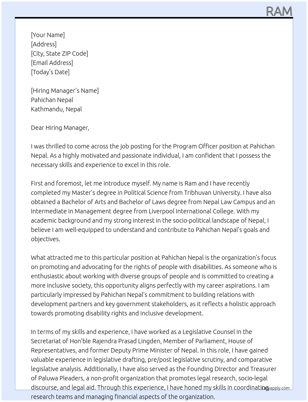 Program Officer At Pahichan Nepal Cover Letter