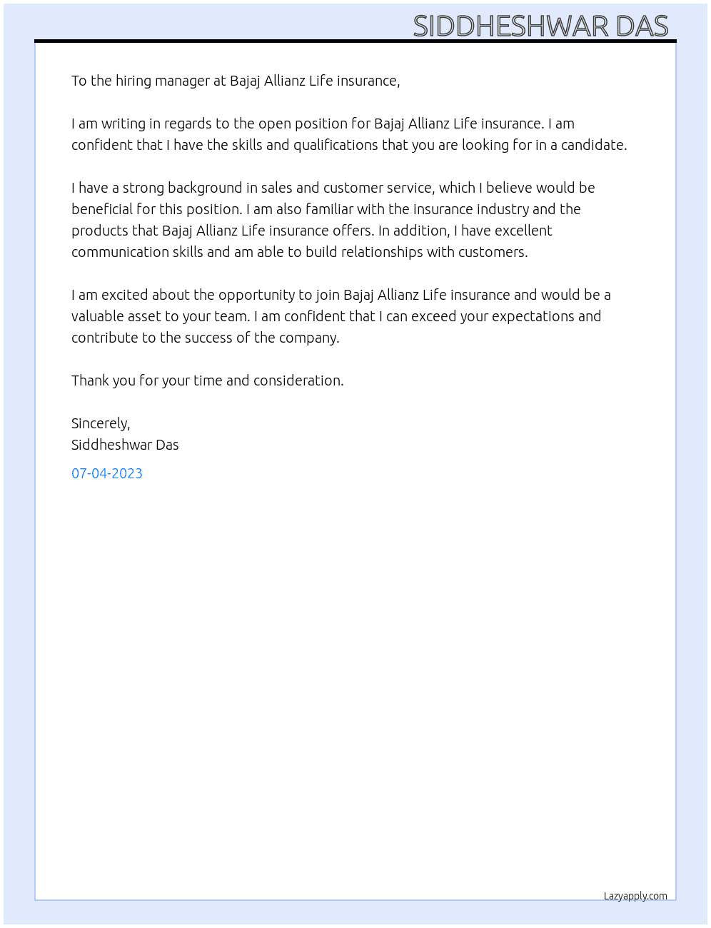 Bajaj Allianz Life insurance  At Bajaj Cover Letter