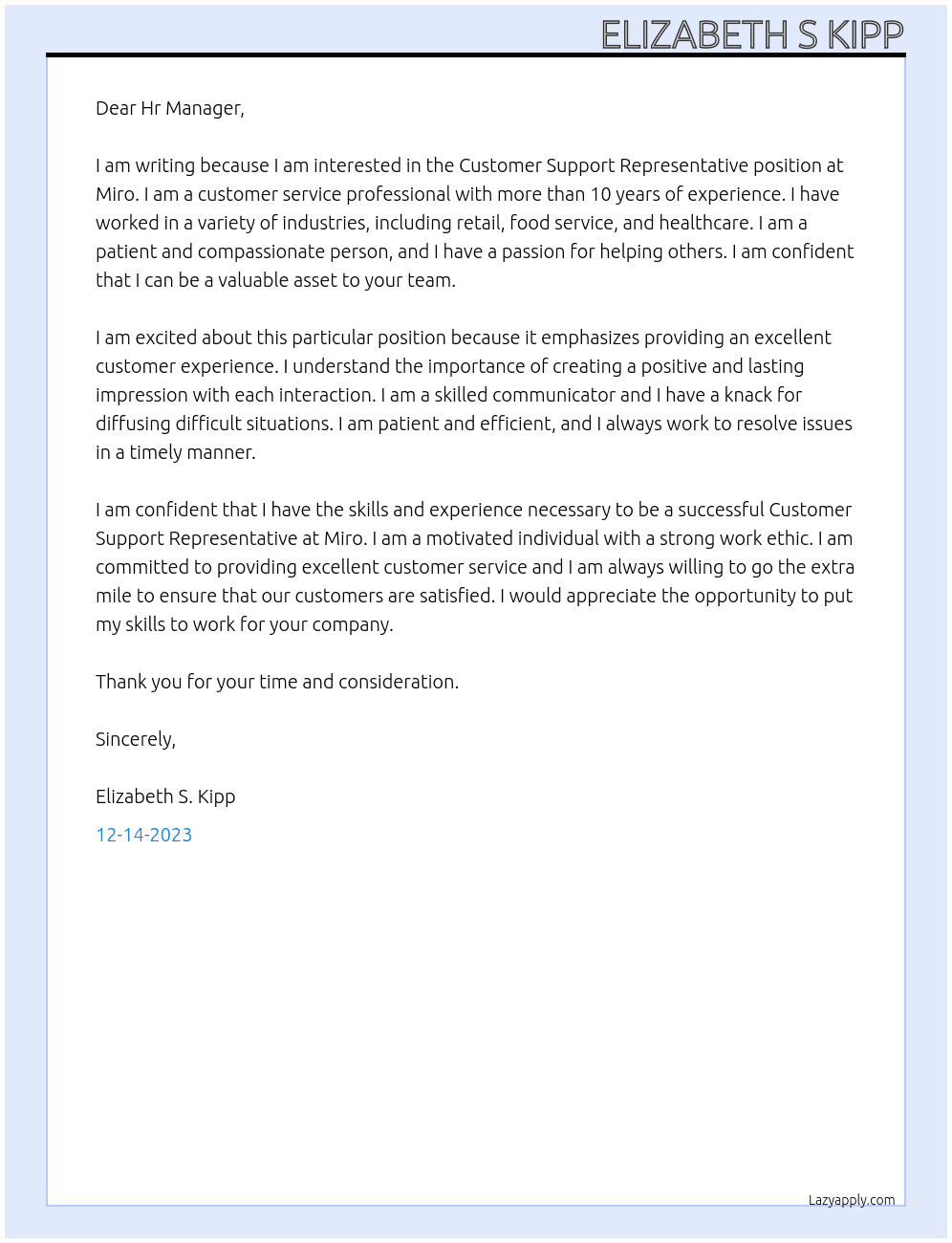 Customer Support Representative At Miro Cover Letter
