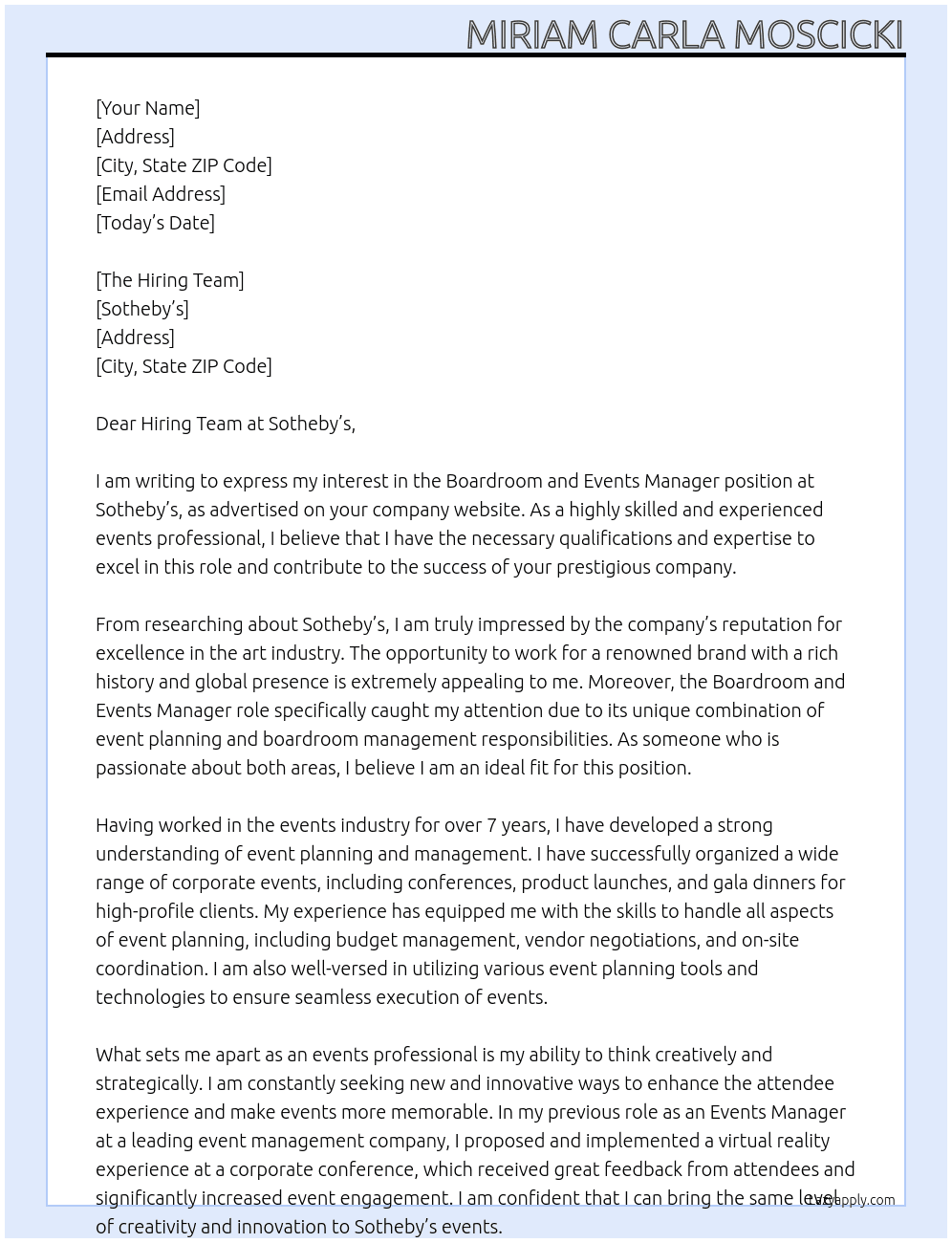 Boardroom and Events Manager At Sotheby’s  Cover Letter