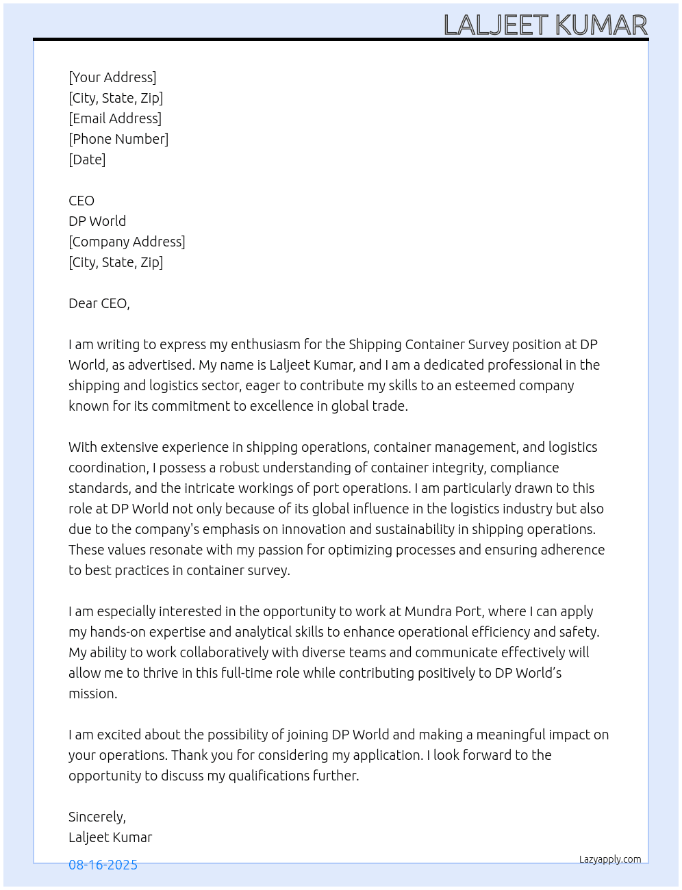Shipping container survey At DP World Cover Letter