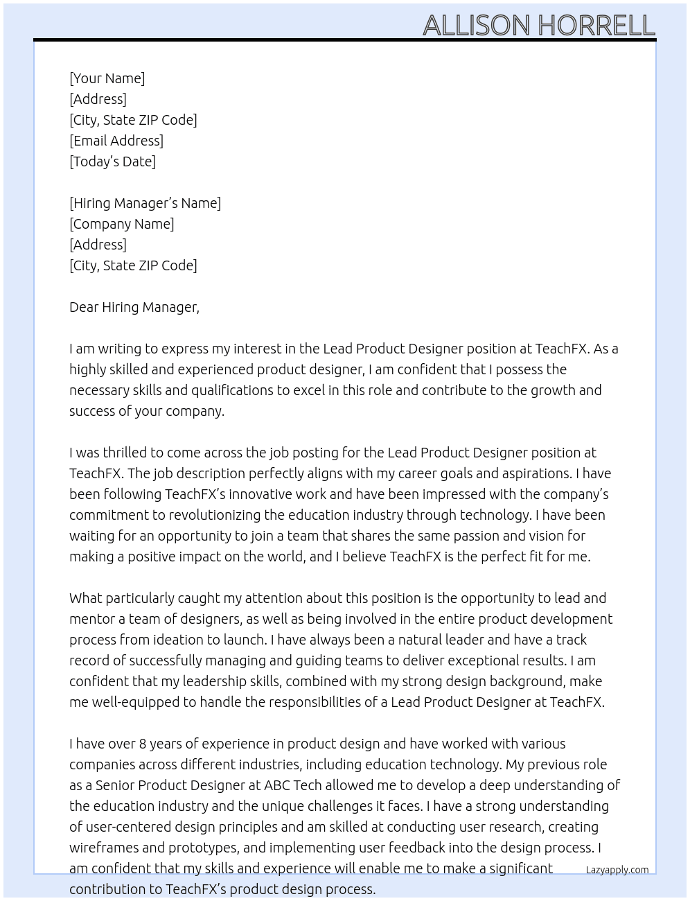 Lead Product Designer At TeachFX Cover Letter
