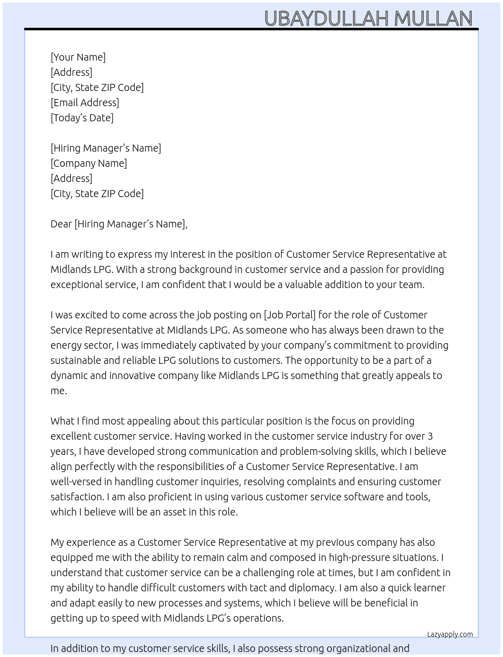 Customer service representative  At Midlands LPG Cover Letter