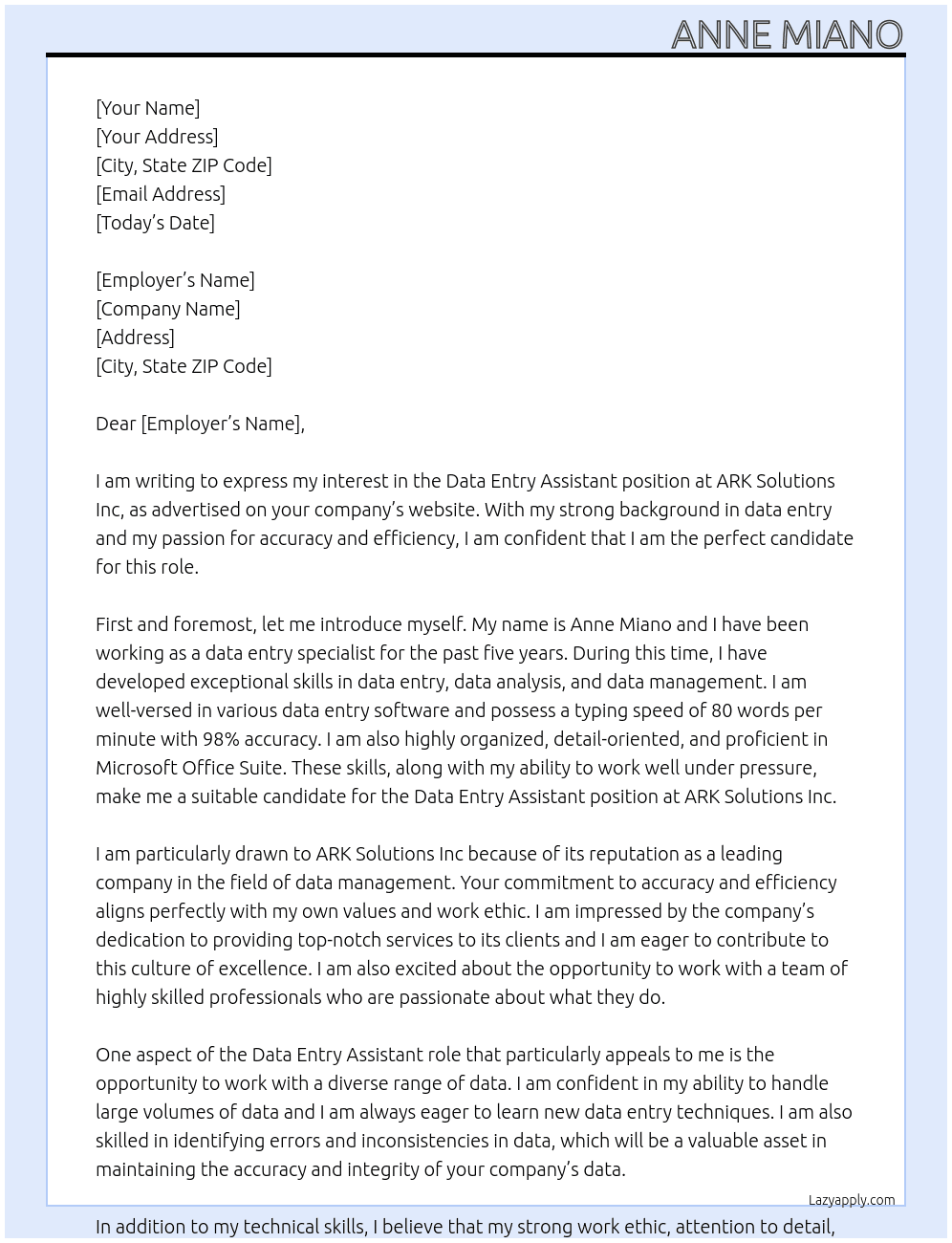 Data Entry Assistant At ARK Solutions Inc Cover Letter