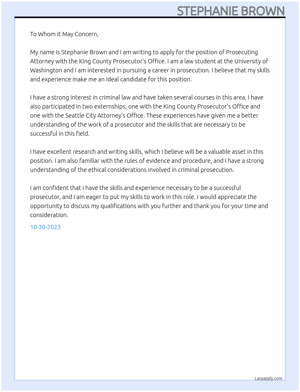 Prosecuting Attorney At King County Prosecutor Cover Letter