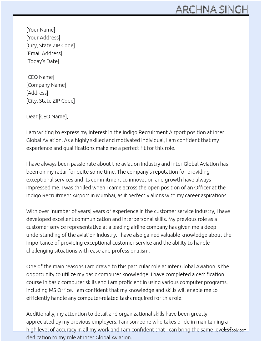 Indigo recruitment airport  At Inter global aviation  Cover Letter
