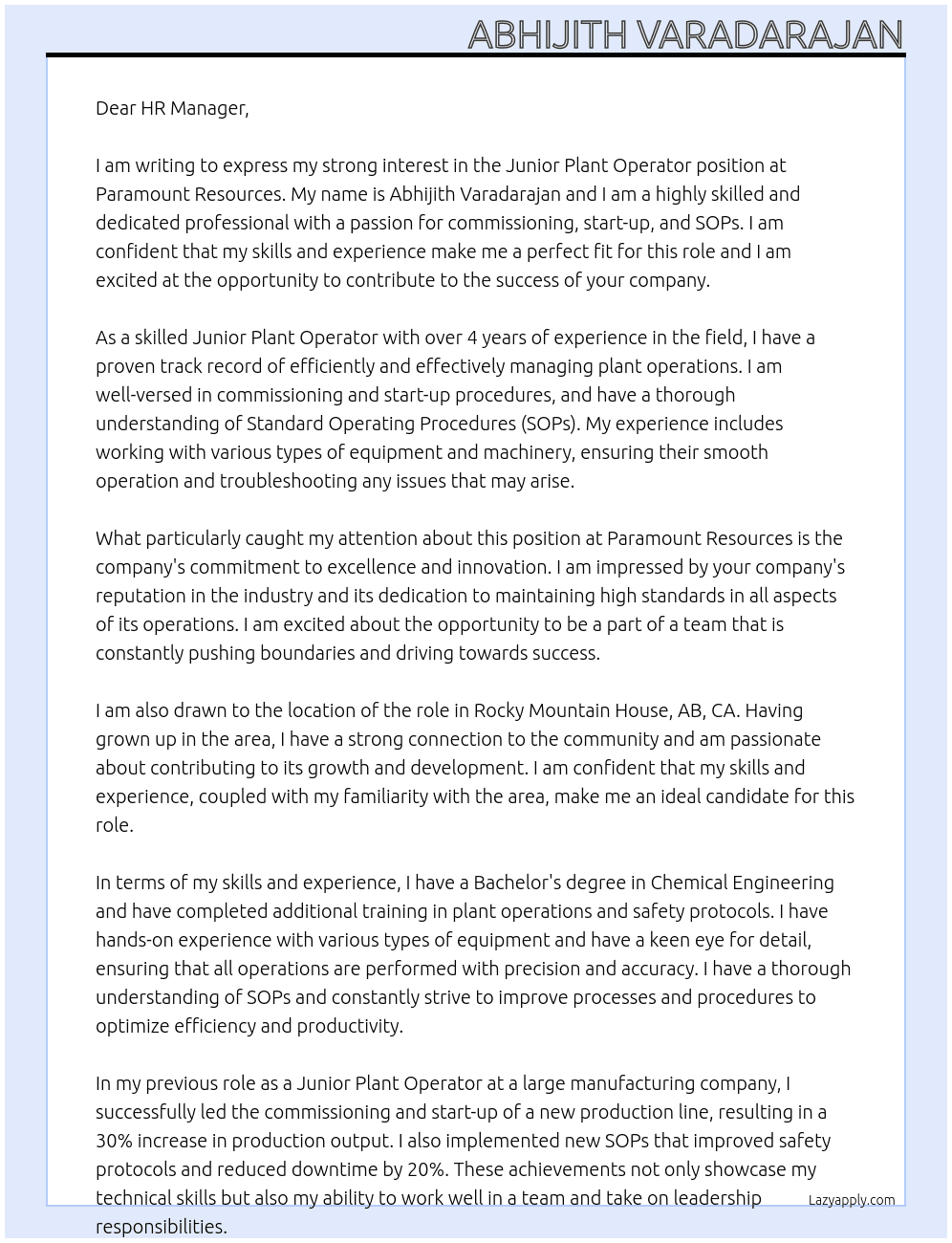 Junior Plant Operator At Paramount Resources Cover Letter
