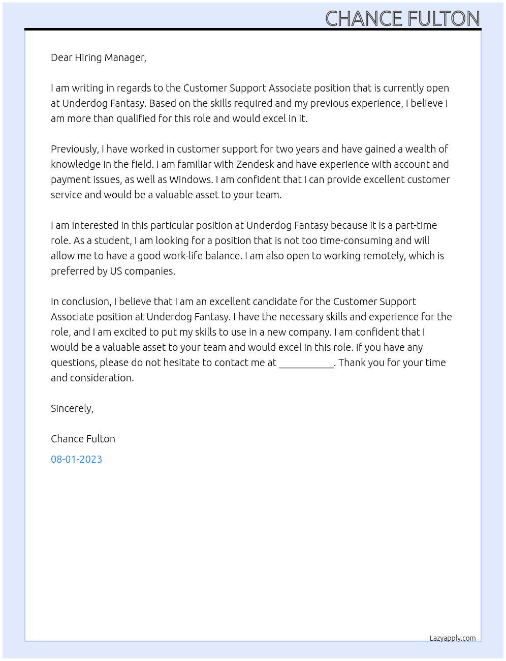 Customer Support Associate (Part-time) At Underdog Fantasy Cover Letter