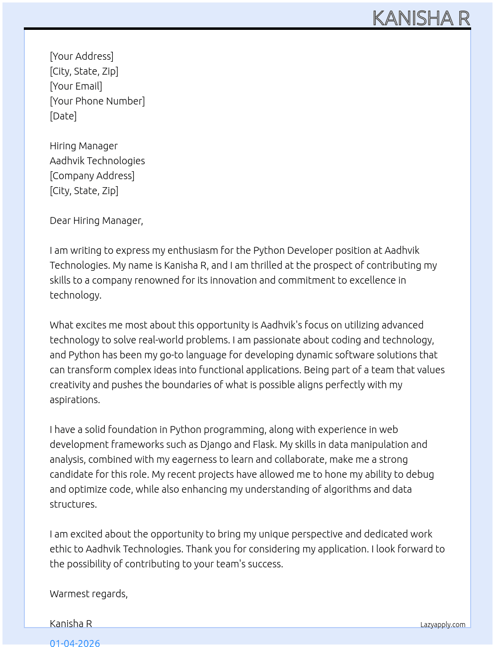 Python developer  At Aadhvik technologies  Cover Letter