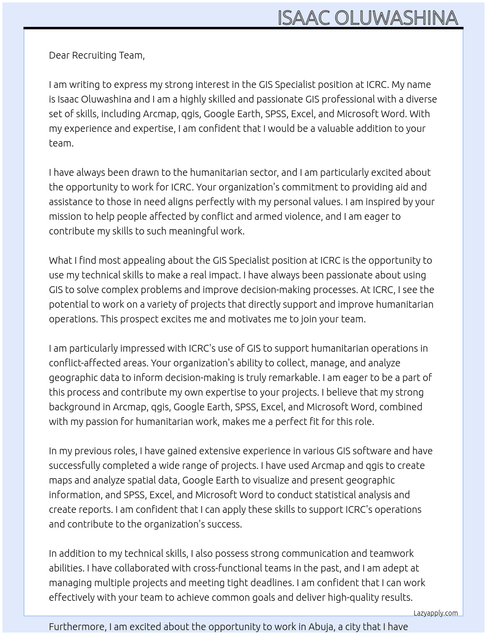 GIS Specialist  At Icrc Cover Letter