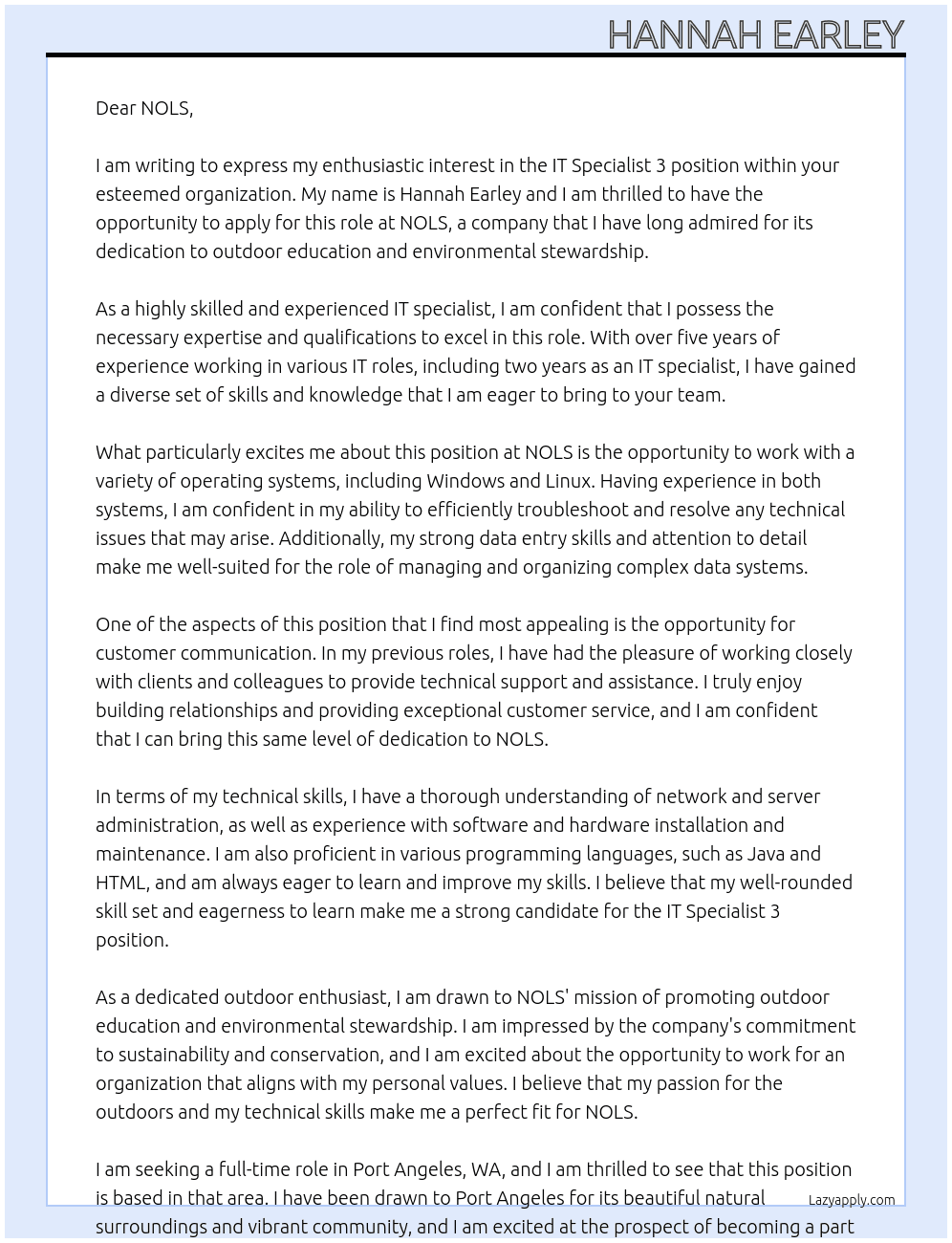 IT specialist 3  At NOLS Cover Letter