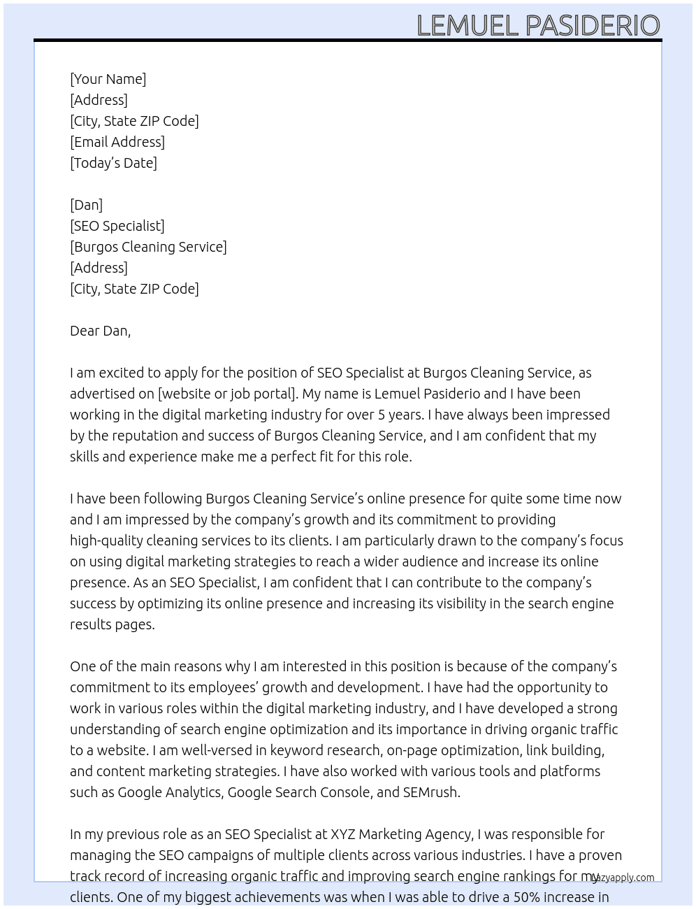 SEO Specialist At Burgos Cleaning Service Cover Letter