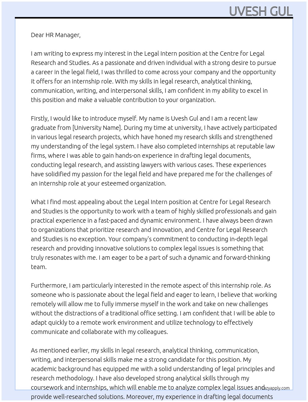 Legal Intern At Centre for Legal Research and Studies Cover Letter