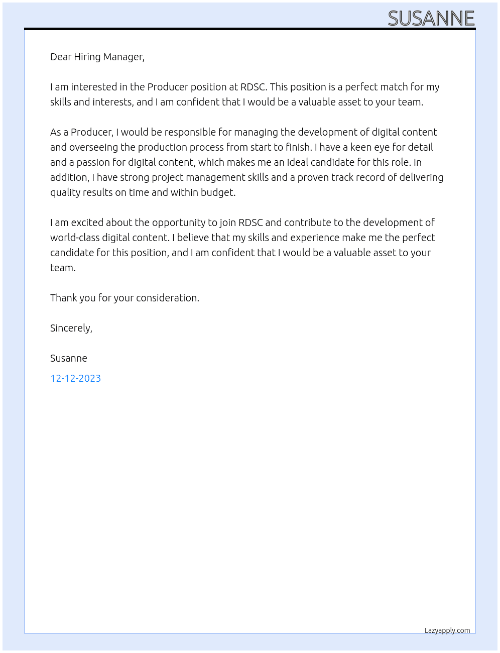 Producer At RDSC Cover Letter