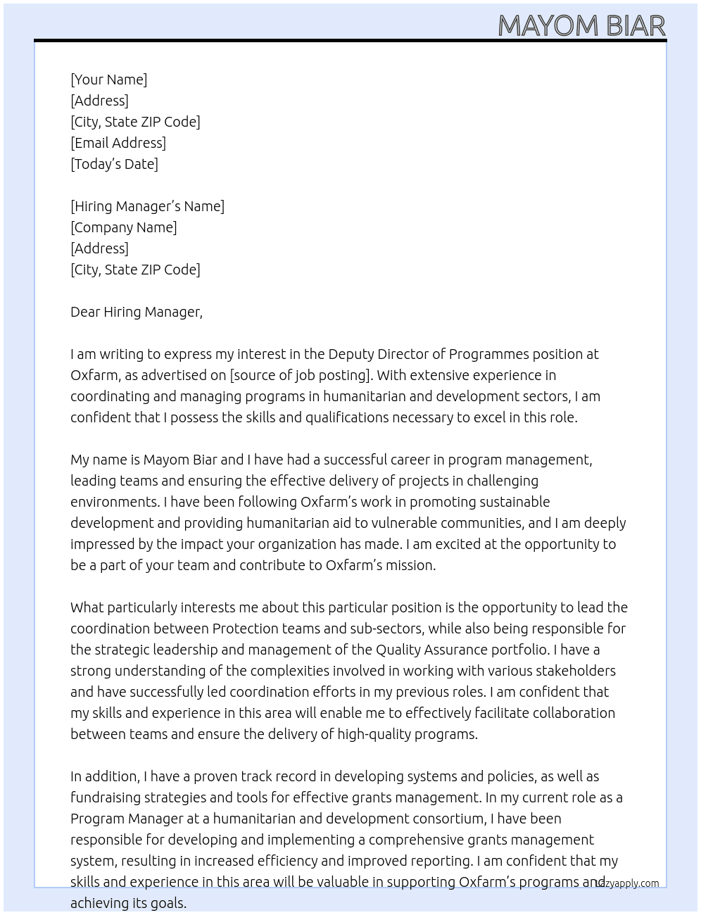 Deputy  Director of Programmes At Oxfarm Cover Letter