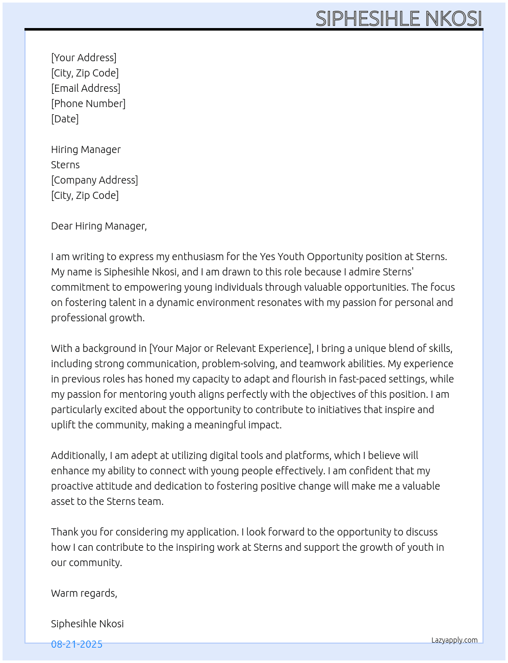 Yes Youth Opportunity At Sterns Cover Letter